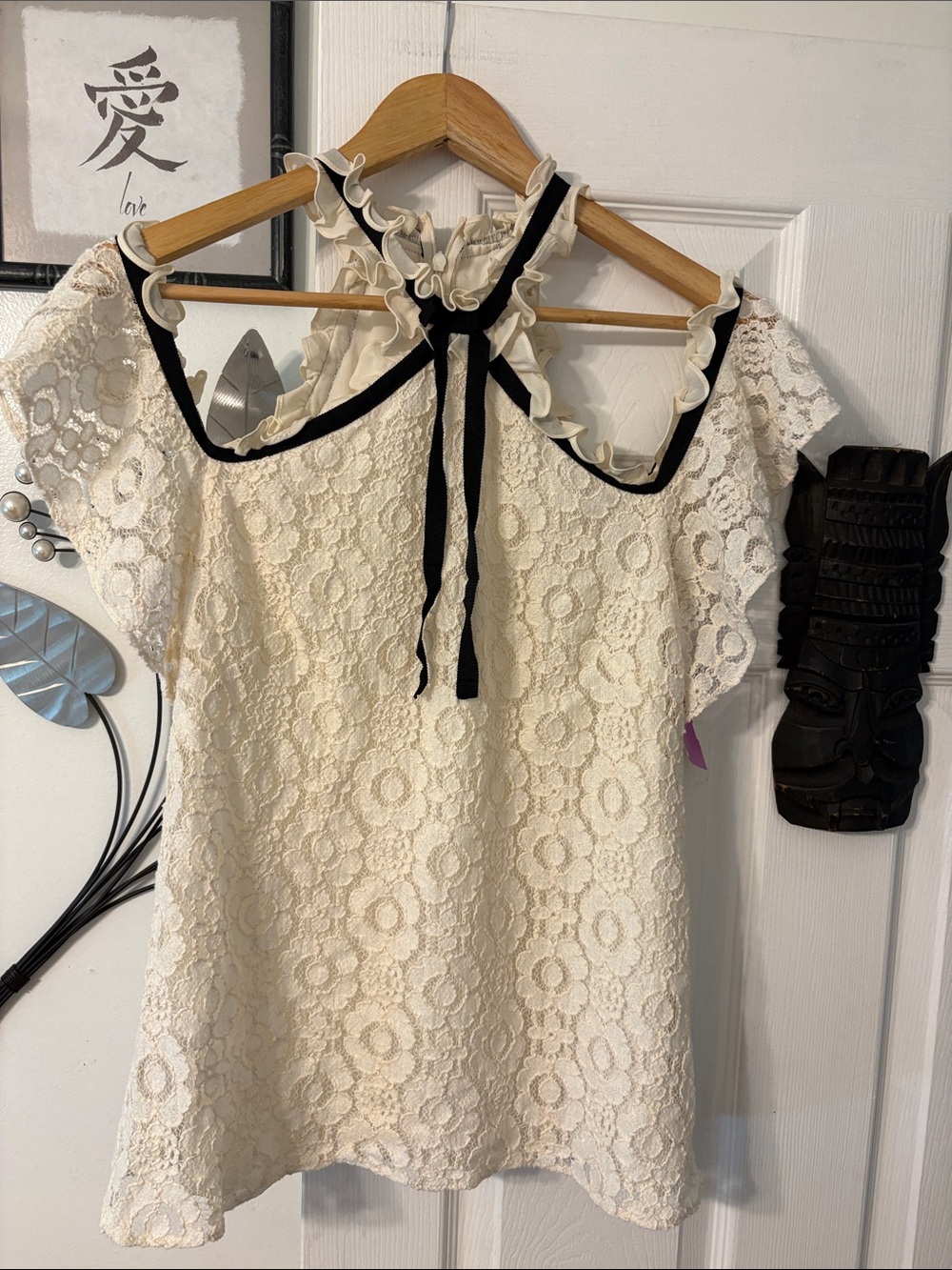 Shoshanna Cream Lace Ruffle-Trim Blouse with Black Tie